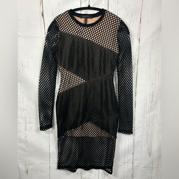 BCBGMAXAZRIA Asymmetrical Mesh Body-Con Dress Black Nude - Picture 1 of 11